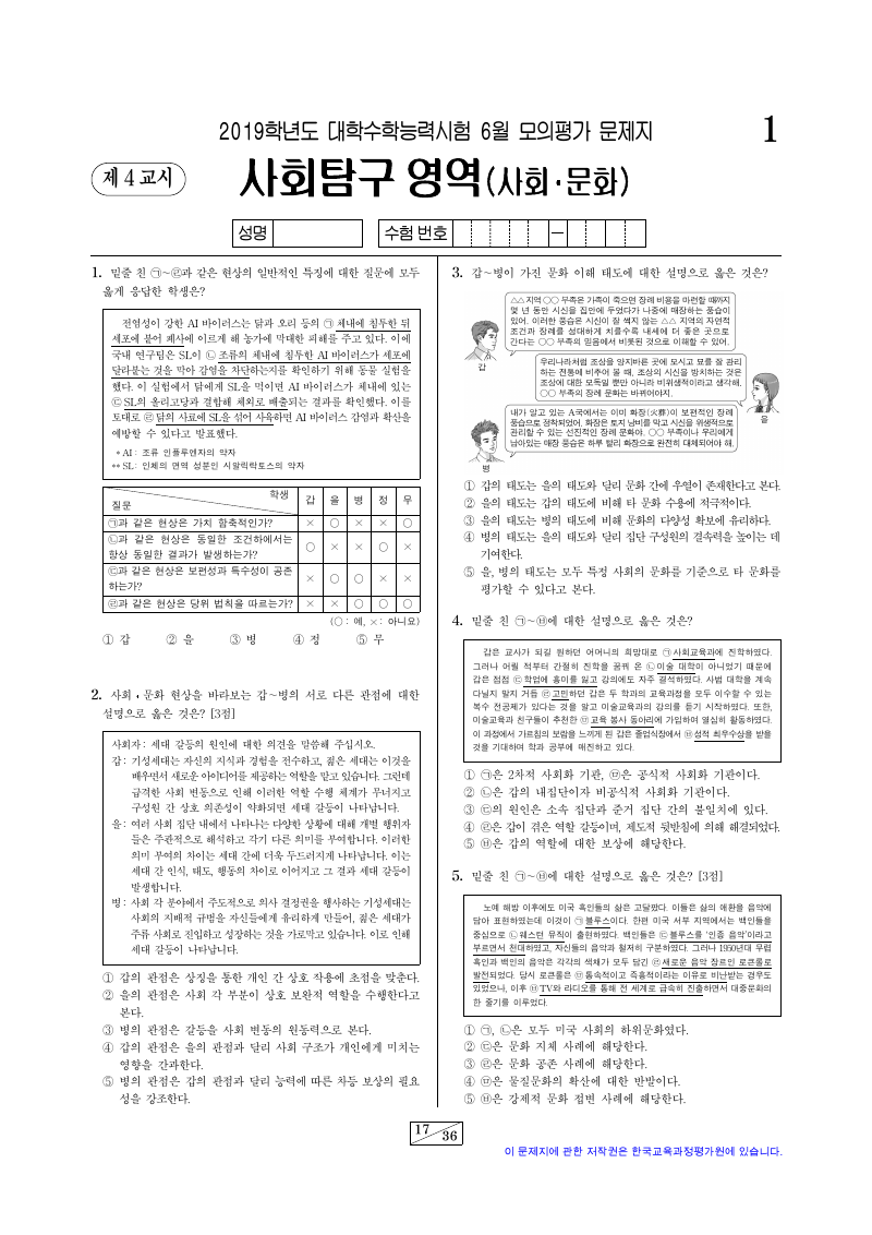 2019학년도 6월 모의평가 사회문화 시험지 첫 페이지