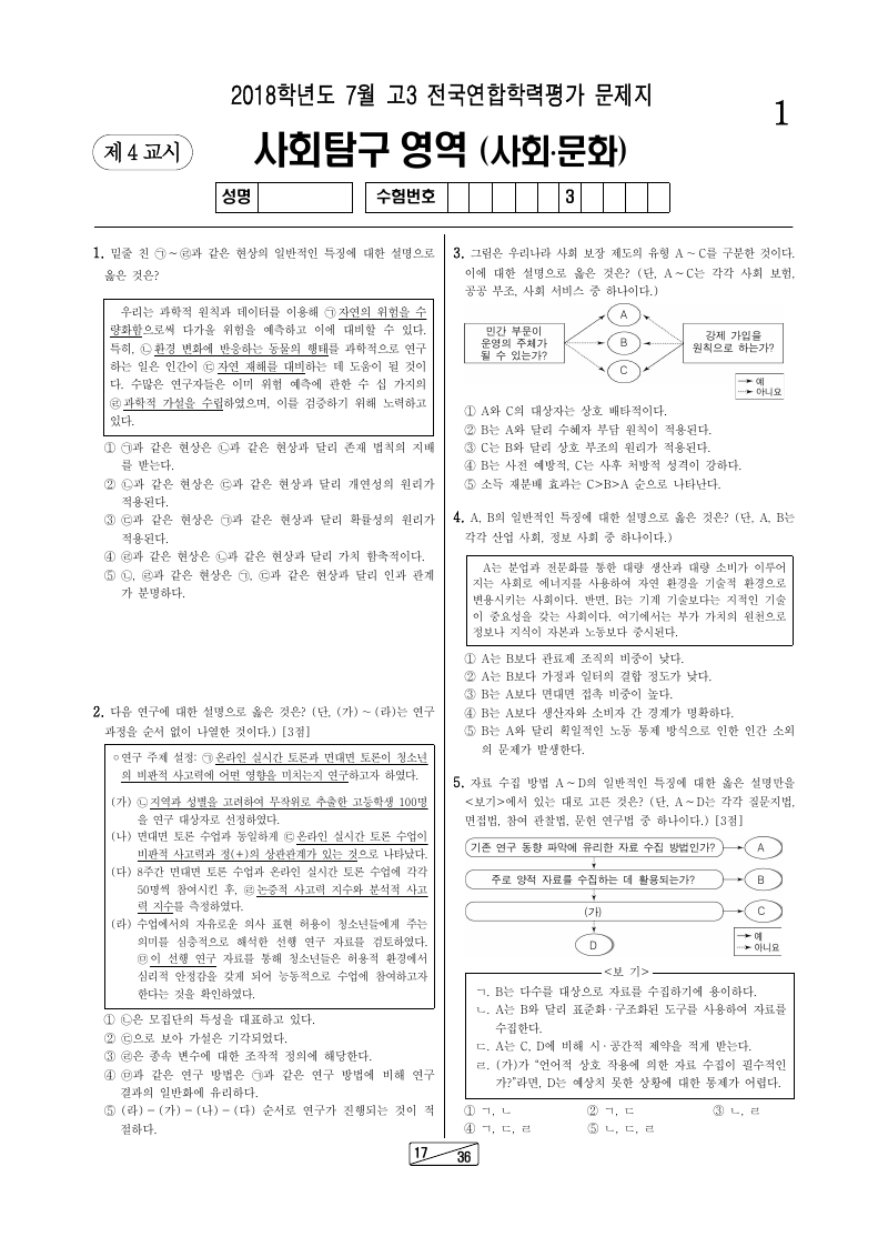 2018년 7월 고3 학력평가 사회문화 시험지 첫 페이지