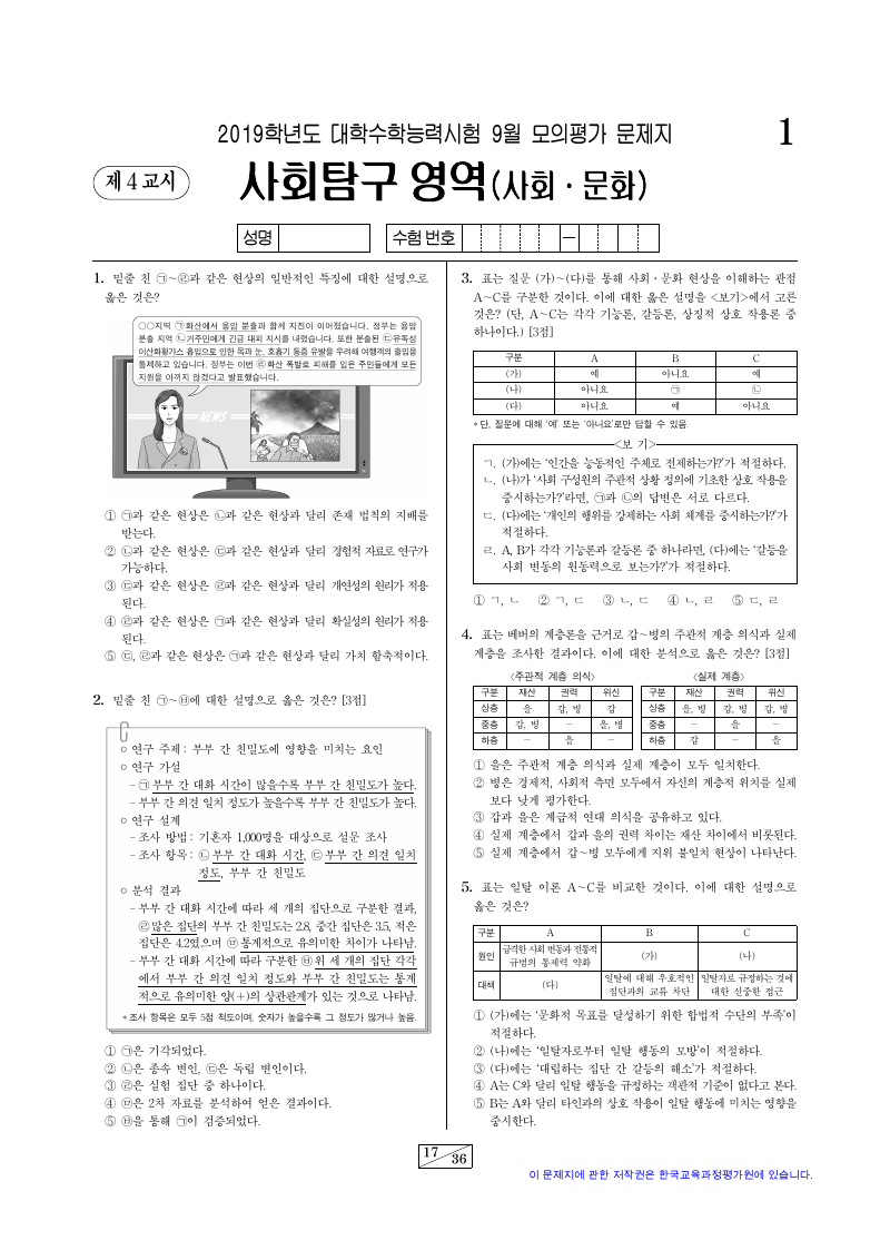 2019학년도 9월 모의평가 사회문화 시험지 첫 페이지