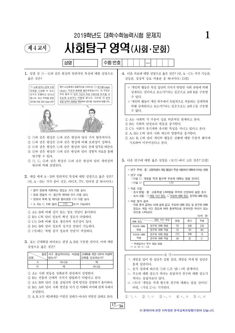 2019학년도 대학수학능력시험 사회문화 시험지 첫 페이지