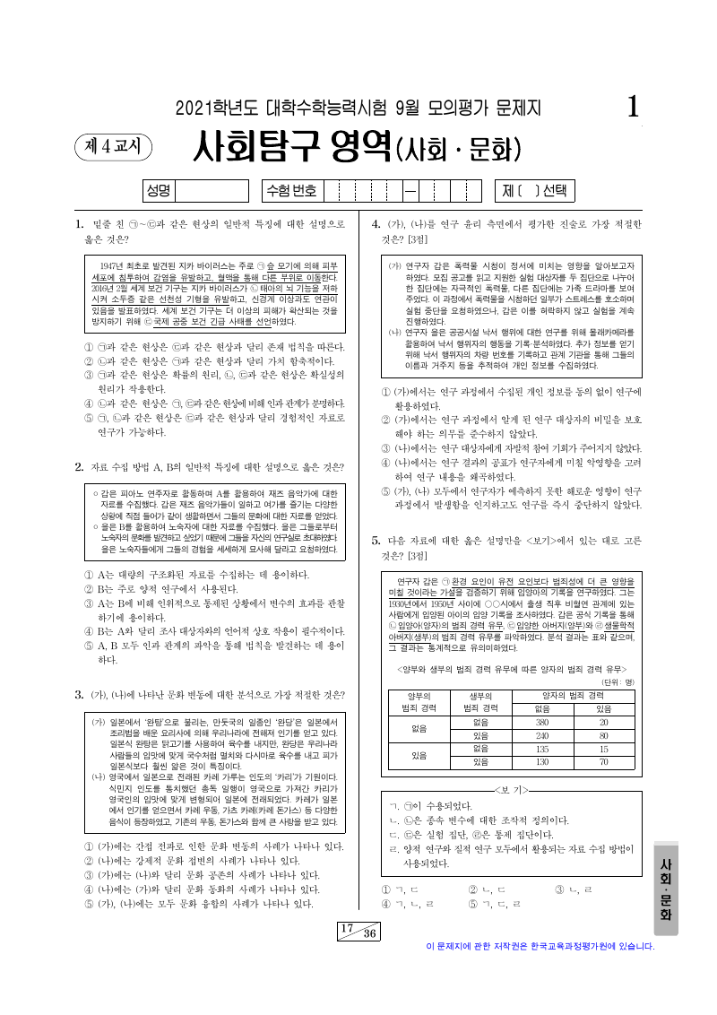 2021학년도 9월 모의평가 사회문화 시험지 첫 페이지