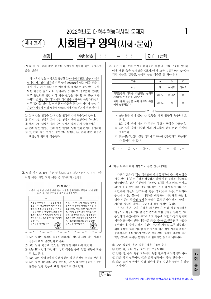 2022학년도 대학수학능력시험 사회문화 시험지 첫 페이지