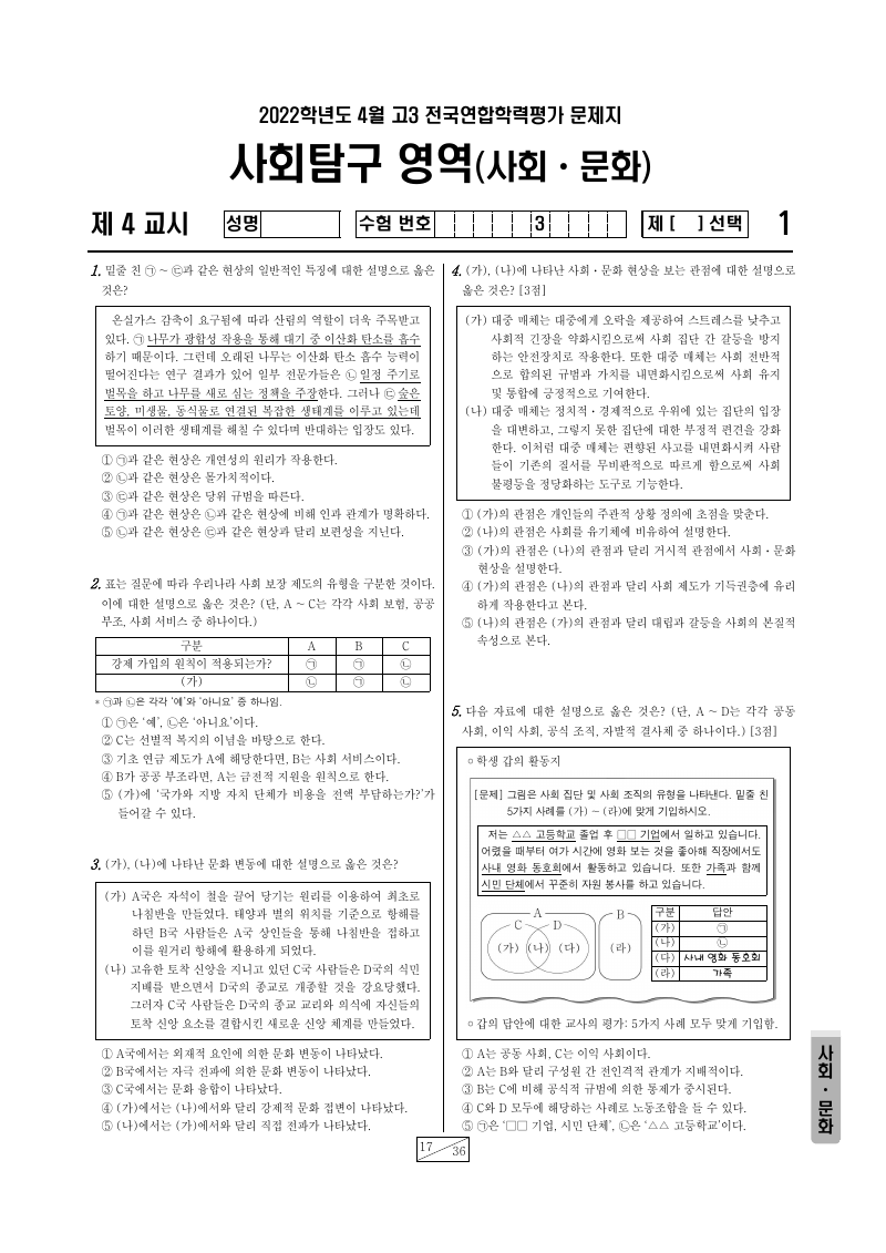 2022년 4월 고3 학력평가 사회문화 시험지 첫 페이지