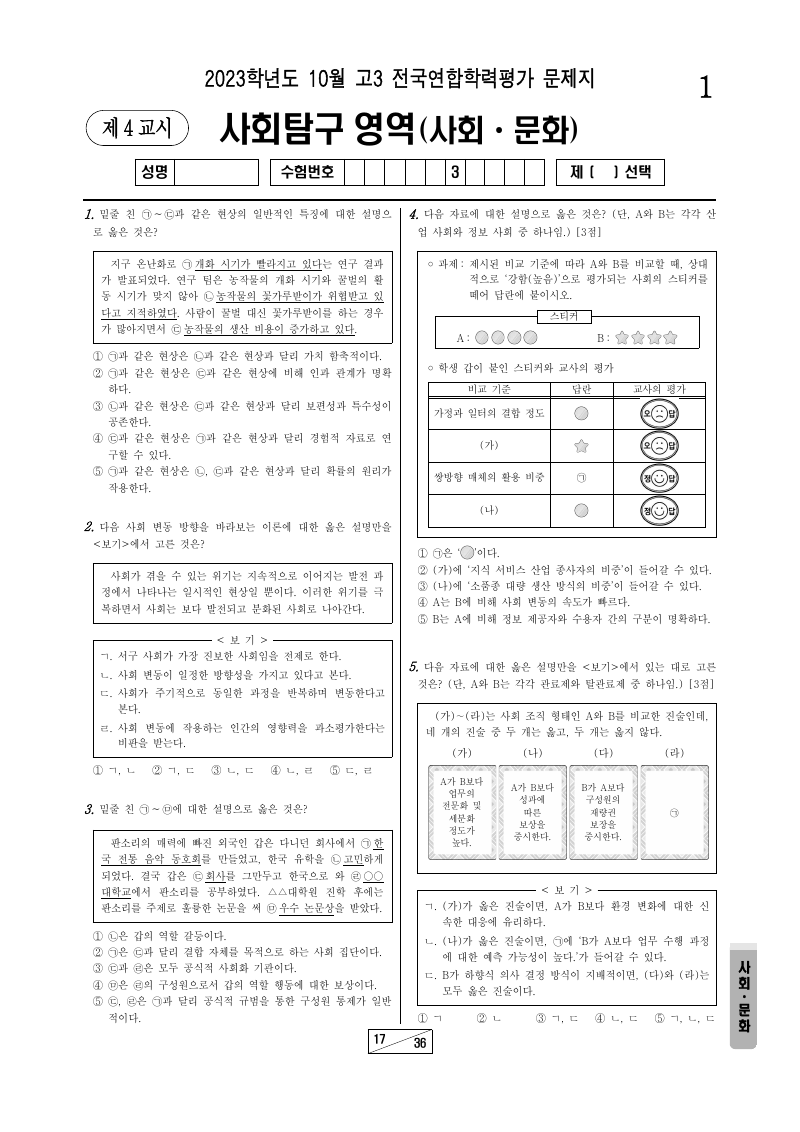 2023년 10월 고3 학력평가 사회문화 시험지 첫 페이지