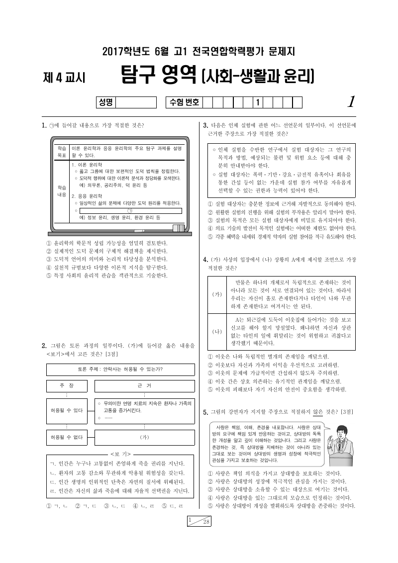 2017년 6월 고1 학력평가 생활과윤리 시험지 첫 페이지