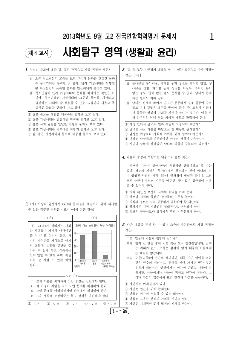 2013년 9월 고2 학력평가 생활과윤리 시험지 첫 페이지