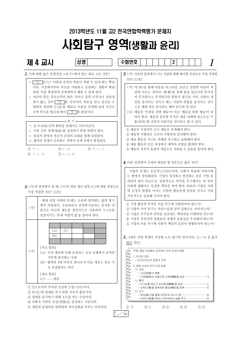 2013년 11월 고2 학력평가 생활과윤리 시험지 첫 페이지