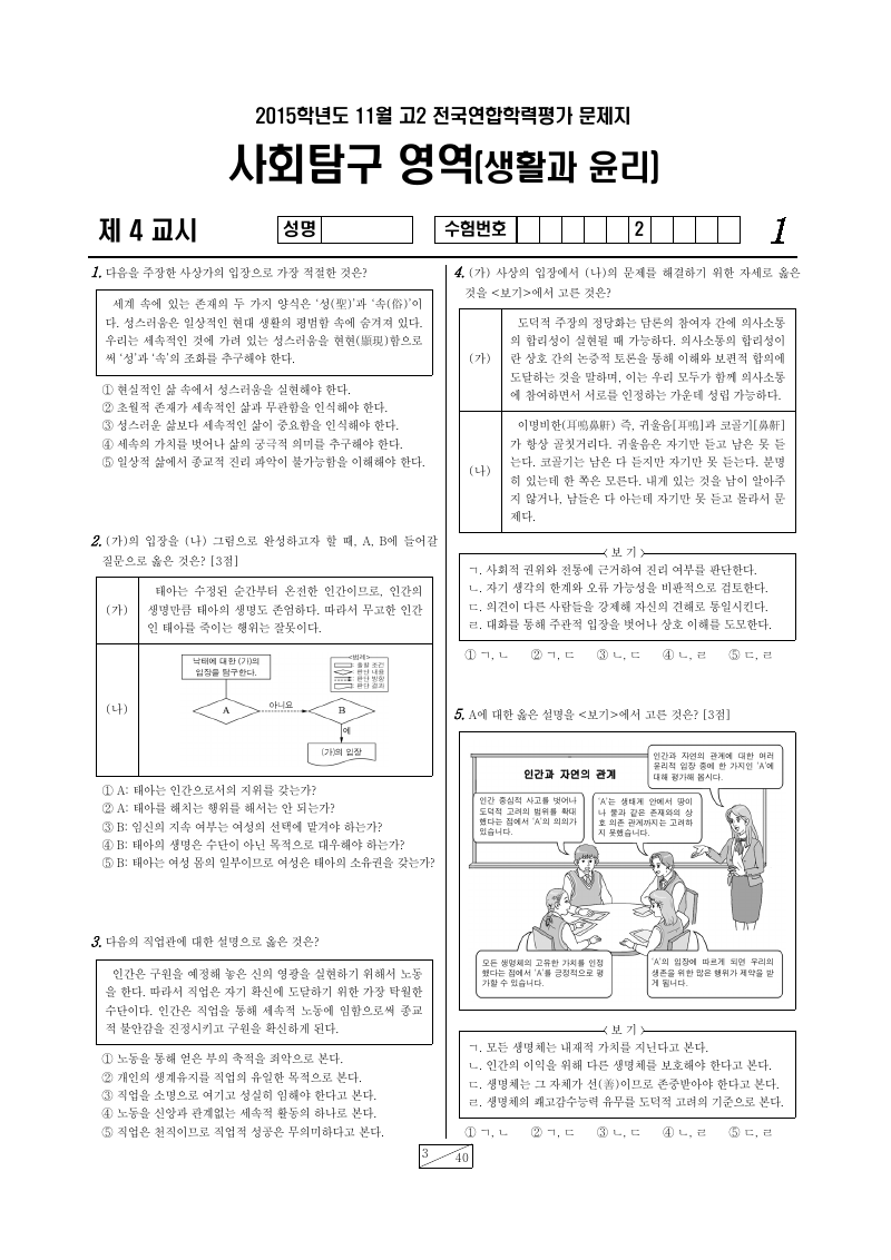 2015년 11월 고2 학력평가 생활과윤리 시험지 첫 페이지