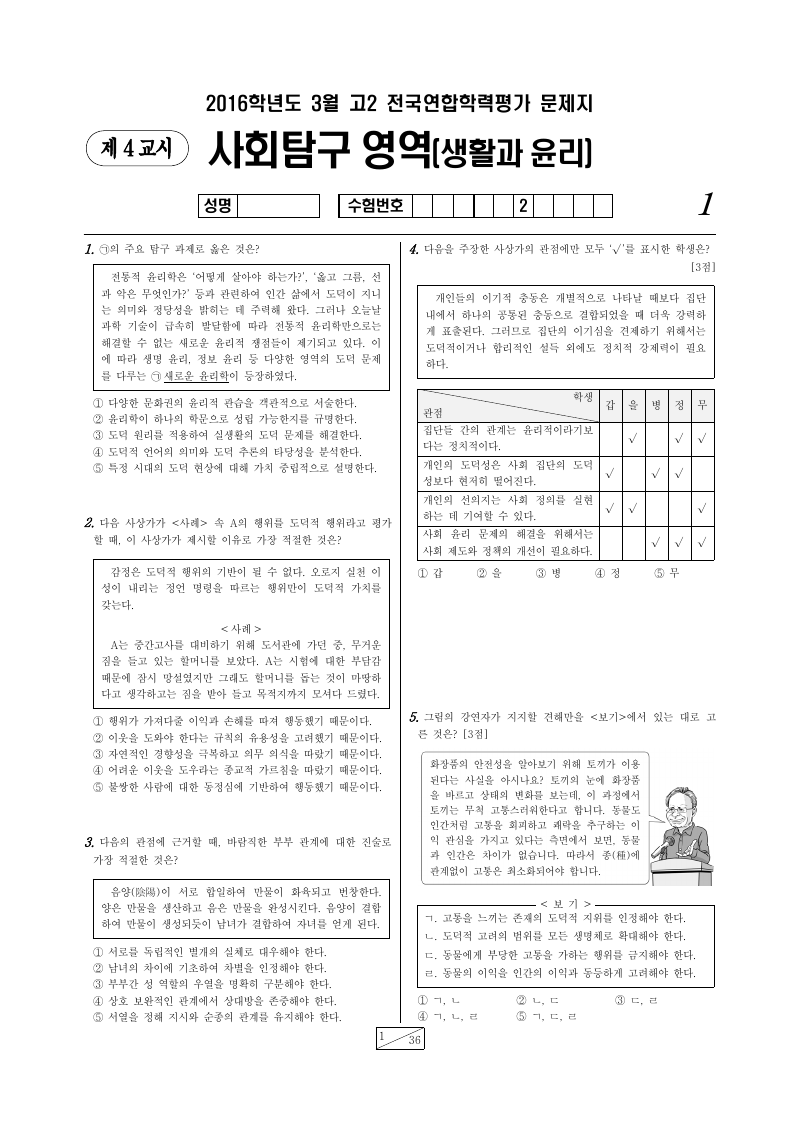 2016년 3월 고2 학력평가 생활과윤리 시험지 첫 페이지