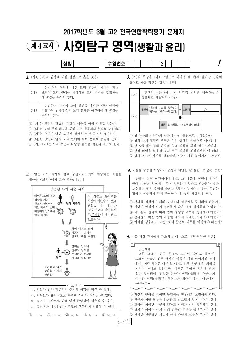 2017년 3월 고2 학력평가 생활과윤리 시험지 첫 페이지