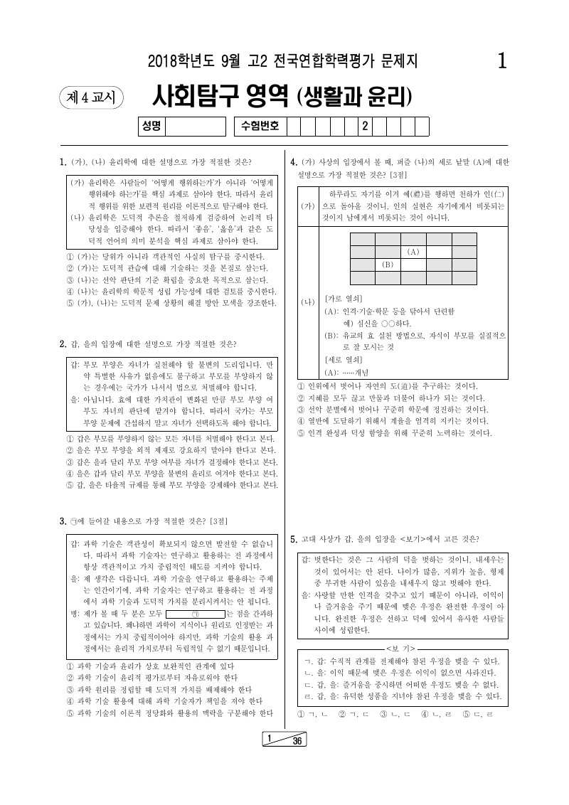 2018년 9월 고2 학력평가 생활과윤리 시험지 첫 페이지