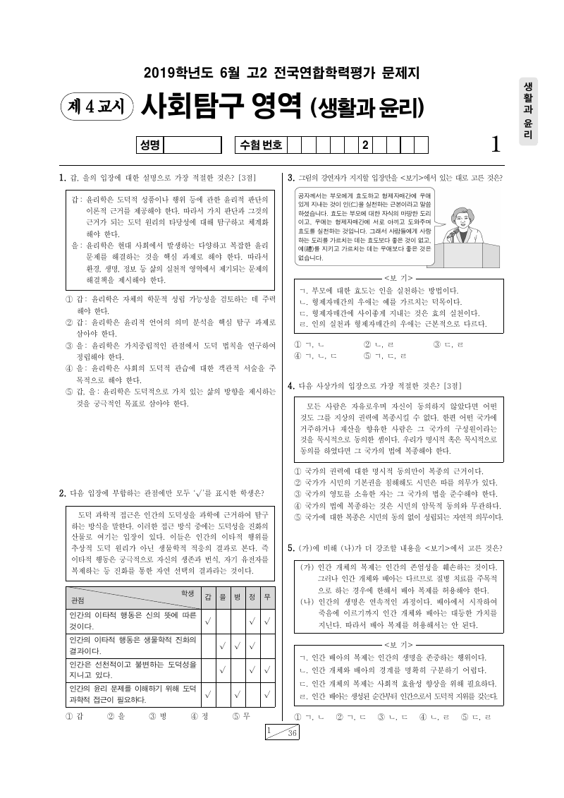 2019년 6월 고2 학력평가 생활과윤리 시험지 첫 페이지
