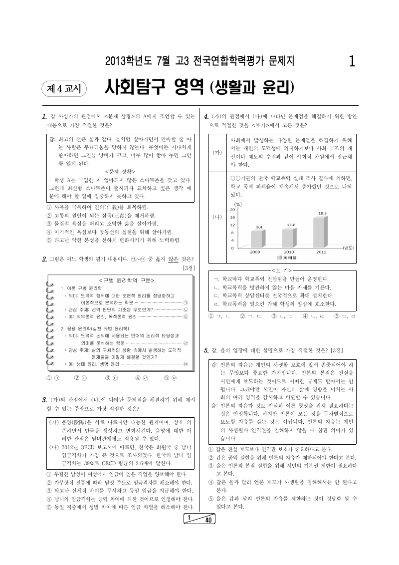 2013년 7월 고3 학력평가 생활과윤리 시험지 첫 페이지