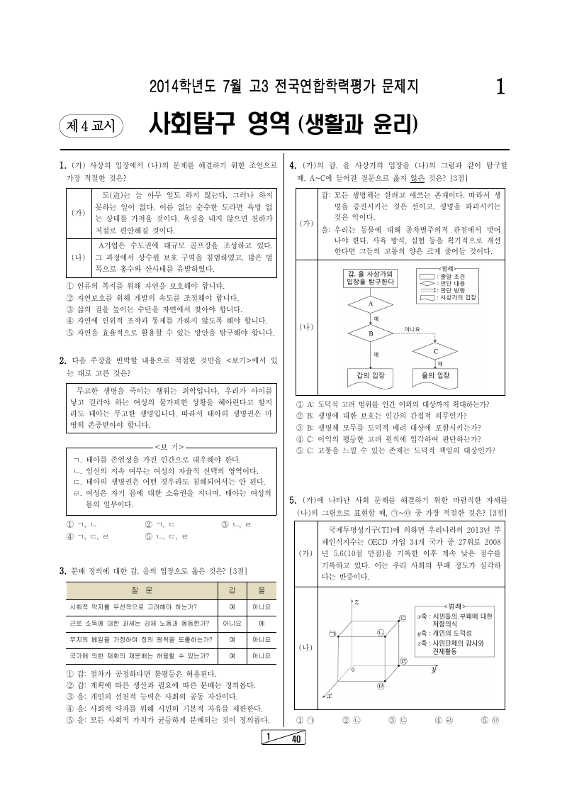 2014년 7월 고3 학력평가 생활과윤리 시험지 첫 페이지