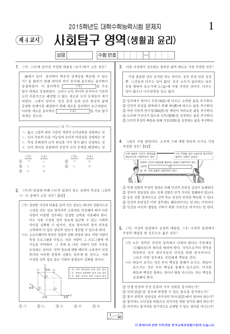 2015학년도 대학수학능력시험 생활과윤리 시험지 첫 페이지