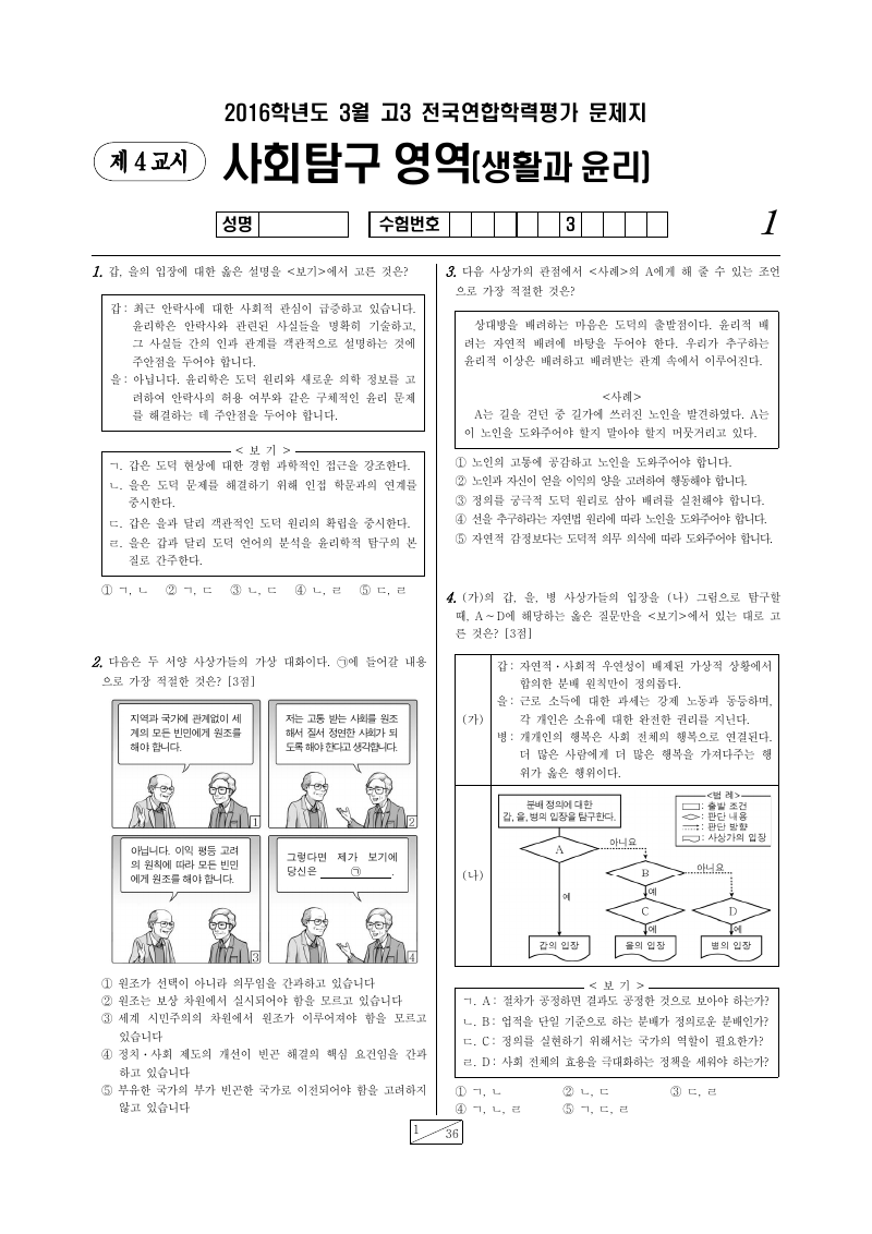 2016년 3월 고3 학력평가 생활과윤리 시험지 첫 페이지