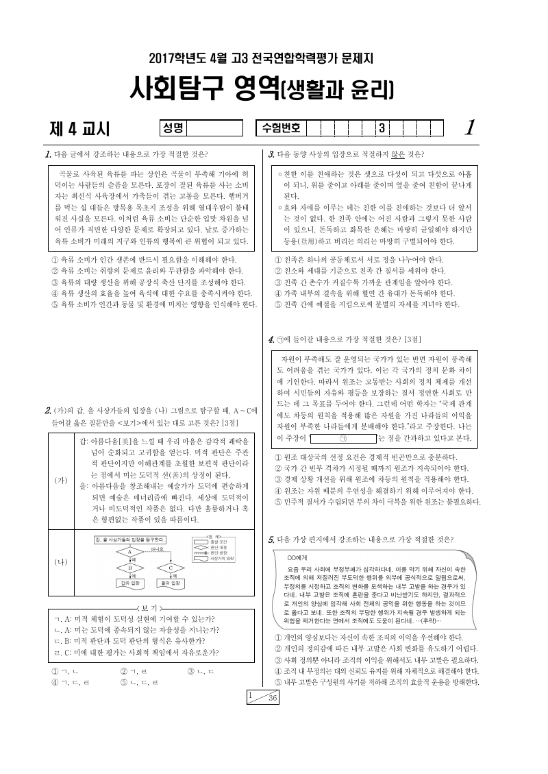 2017년 4월 고3 학력평가 생활과윤리 시험지 첫 페이지