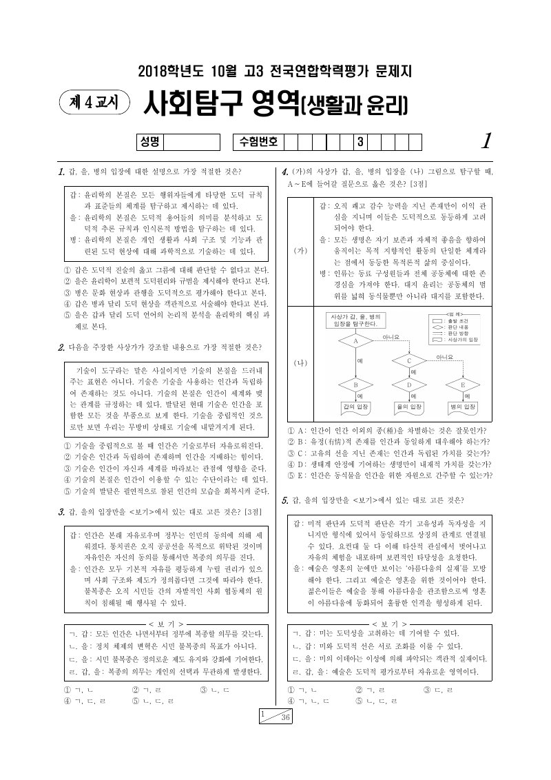 2018년 10월 고3 학력평가 생활과윤리 시험지 첫 페이지