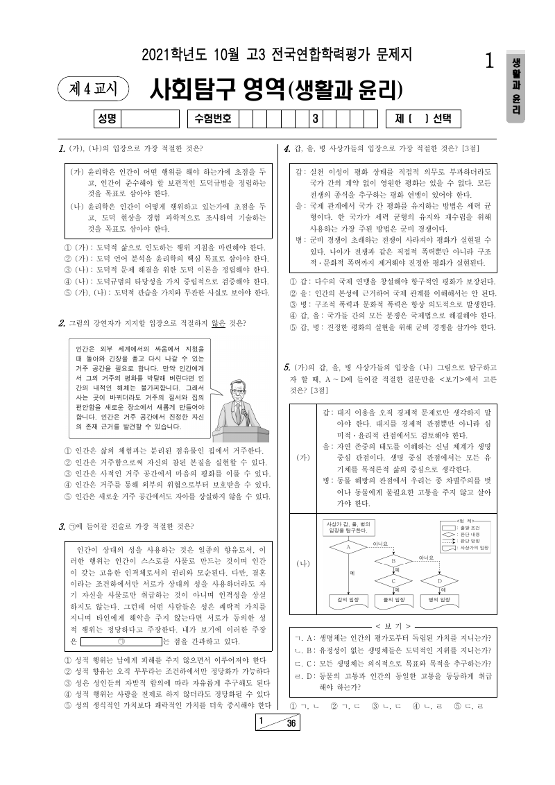 2021년 10월 고3 학력평가 생활과윤리 시험지 첫 페이지