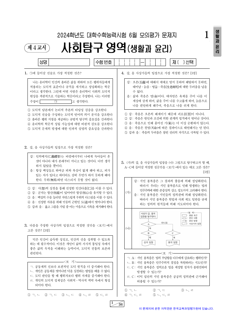 2024학년도 6월 모의평가 생활과윤리 시험지 첫 페이지