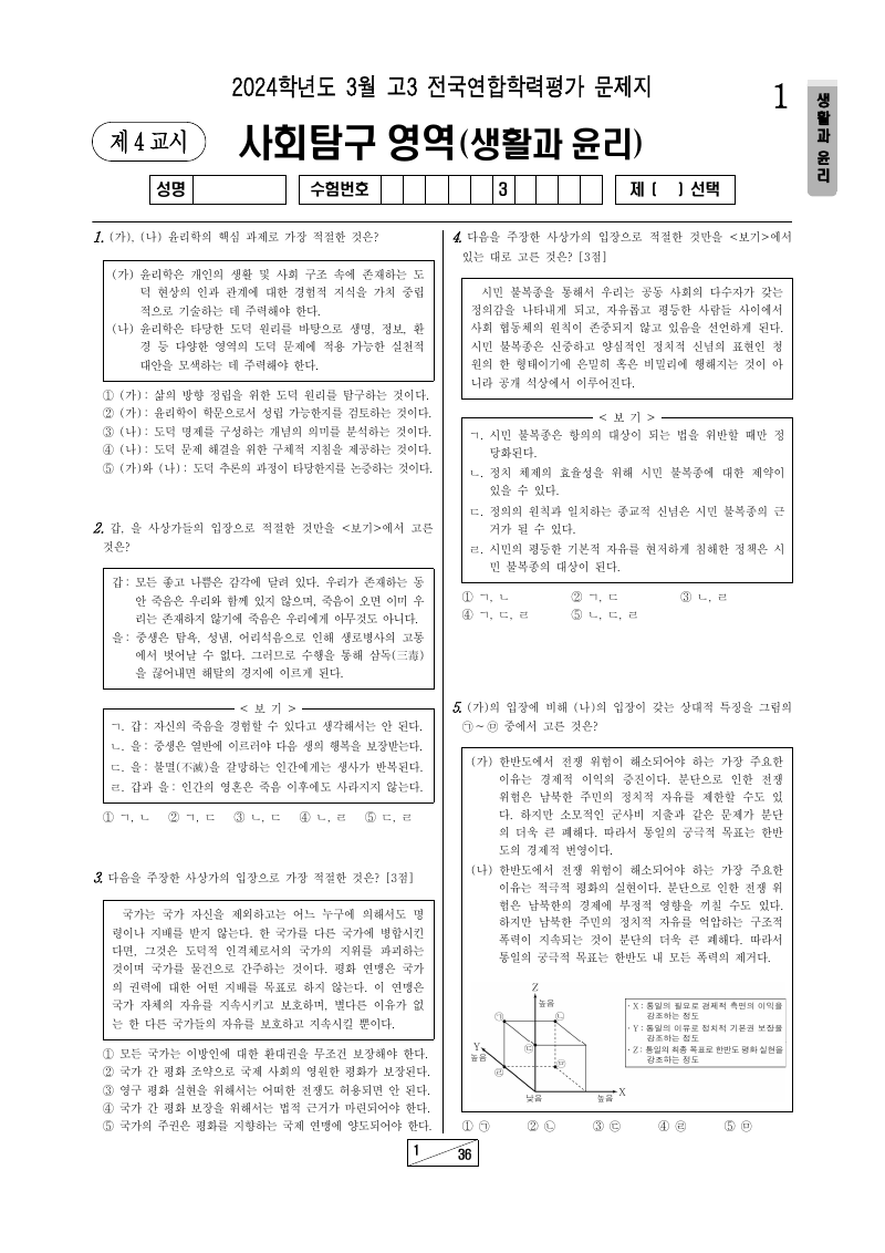 2024년 3월 고3 학력평가 생활과윤리 시험지 첫 페이지