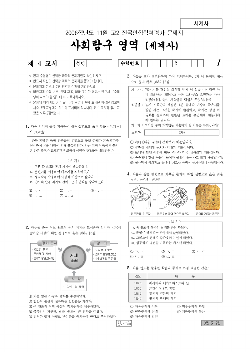 2006년 11월 고2 학력평가 세계사 시험지 첫 페이지