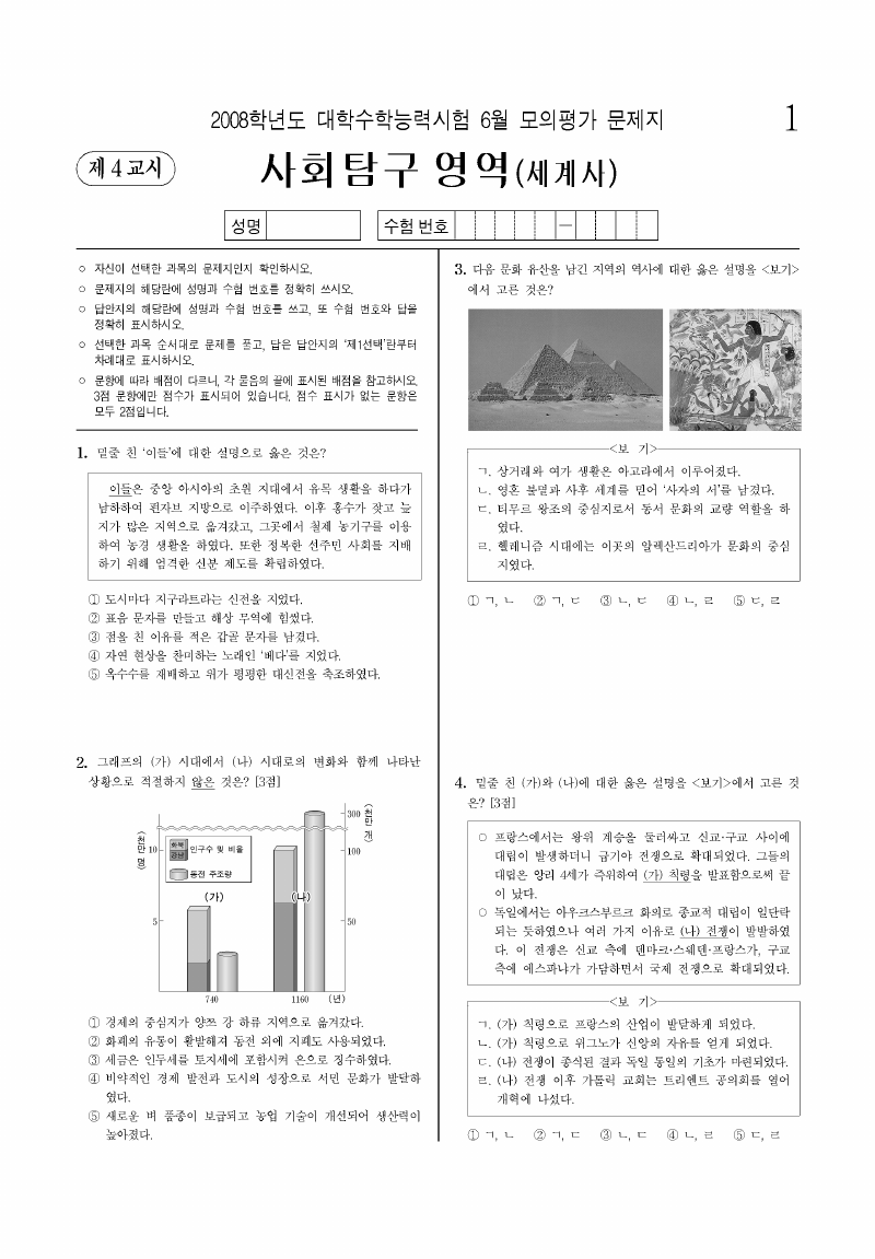 2008학년도 6월 모의평가 세계사 시험지 첫 페이지