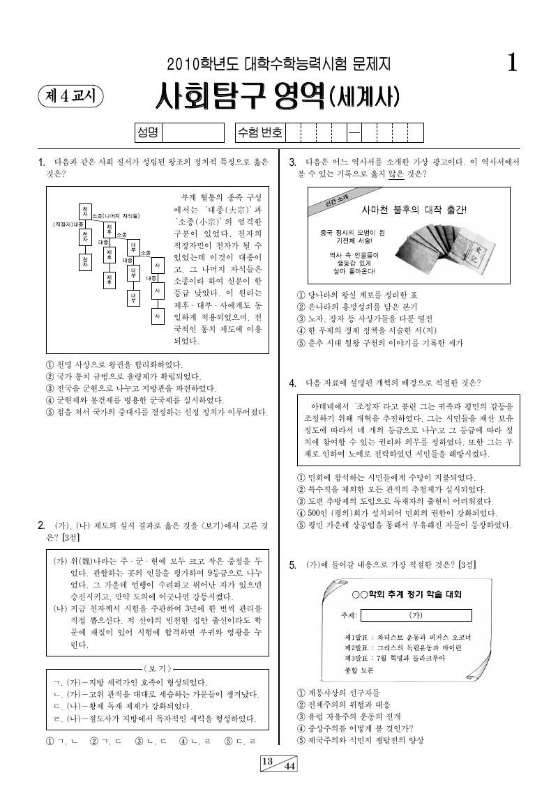 2010학년도 대학수학능력시험 세계사 시험지 첫 페이지