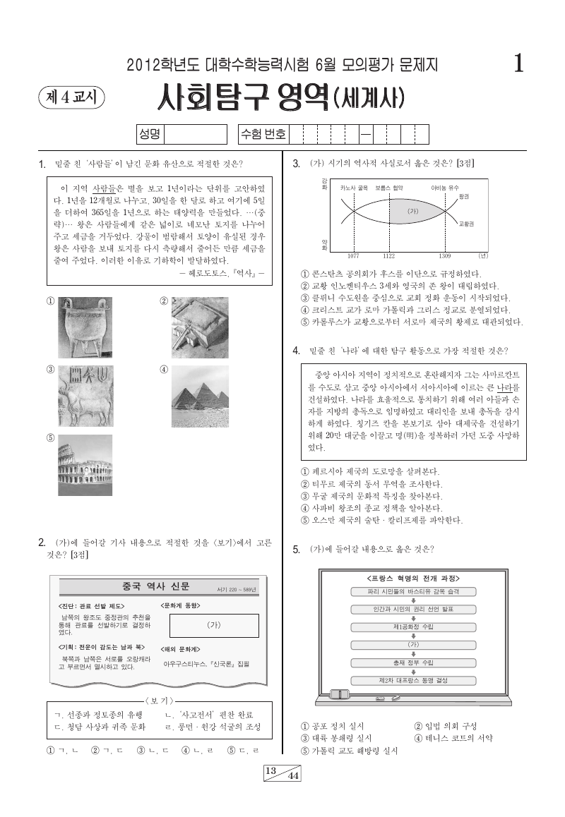 2012학년도 6월 모의평가 세계사 시험지 첫 페이지