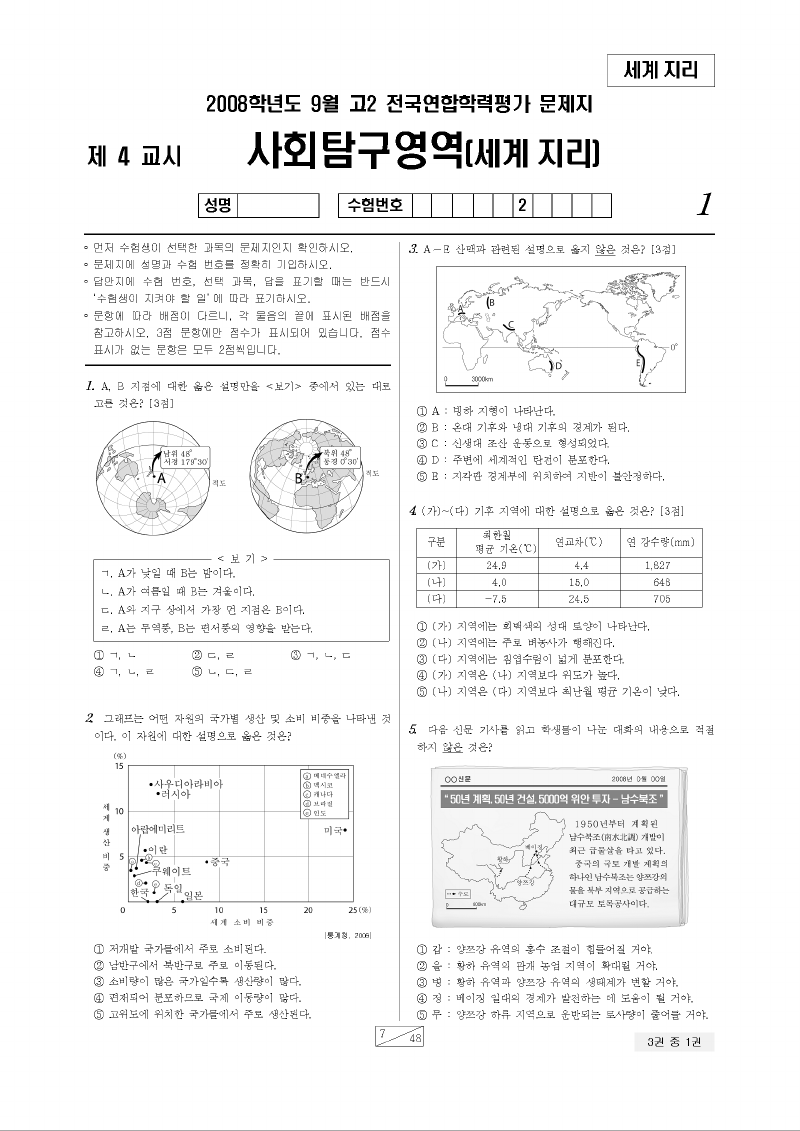 2008년 9월 고2 학력평가 세계지리 시험지 첫 페이지