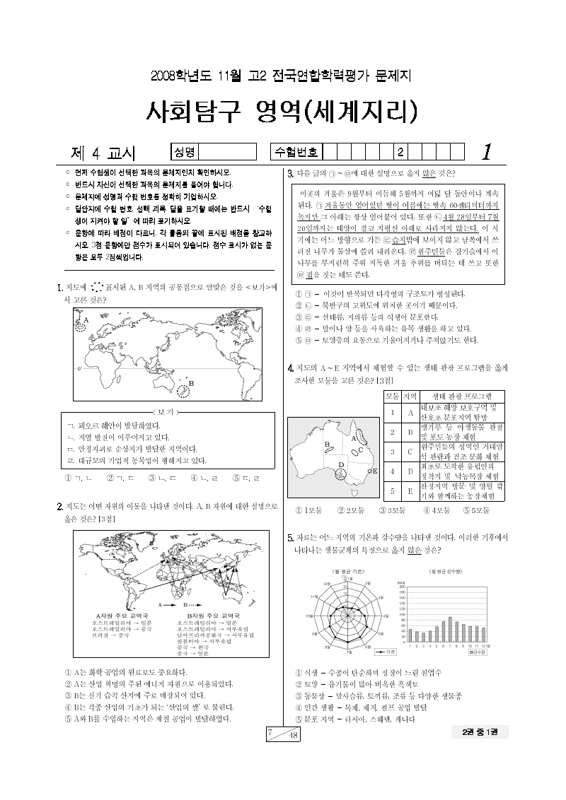 2008년 11월 고2 학력평가 세계지리 시험지 첫 페이지