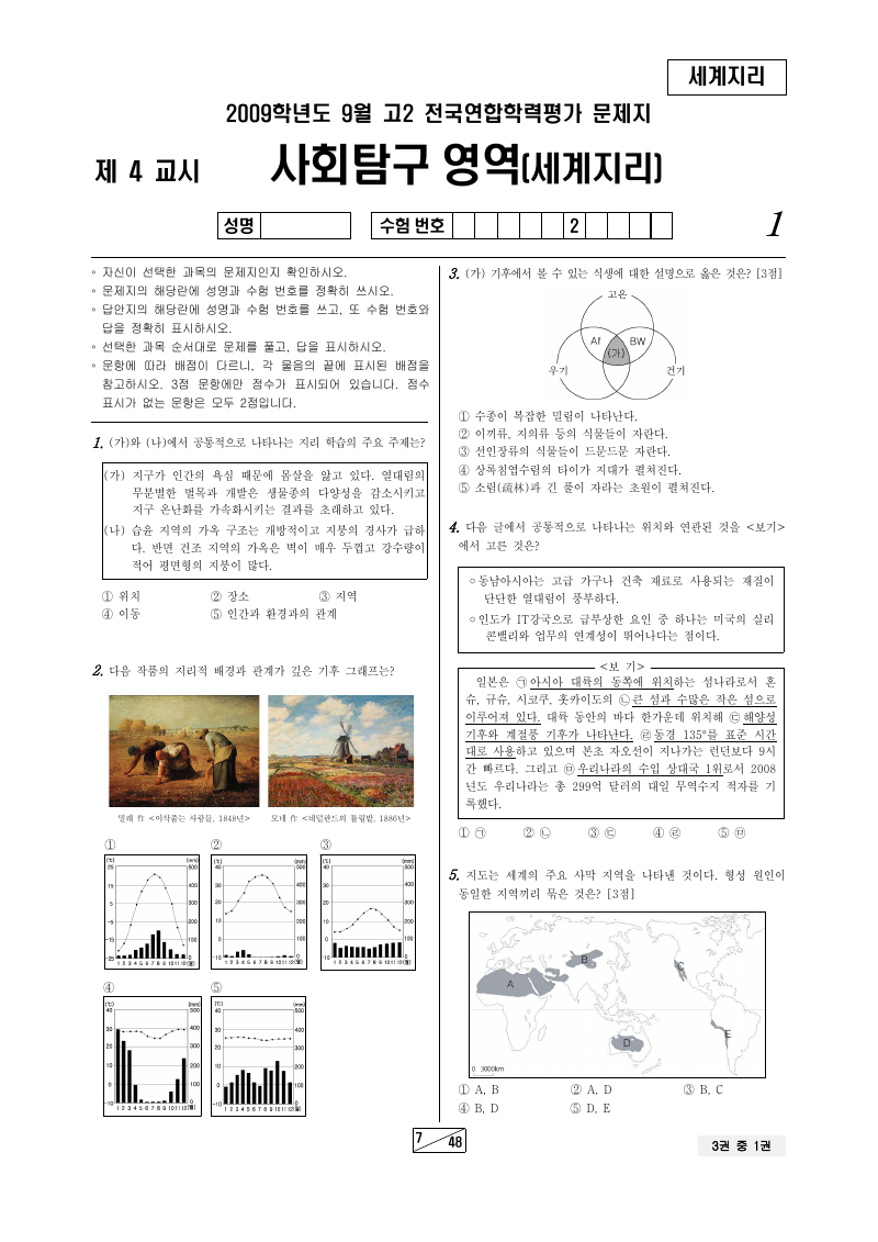 2009년 9월 고2 학력평가 세계지리 시험지 첫 페이지