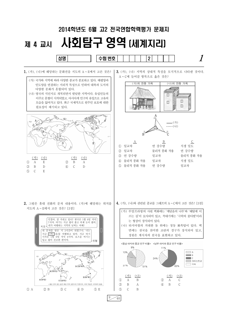 2014년 6월 고2 학력평가 세계지리 시험지 첫 페이지