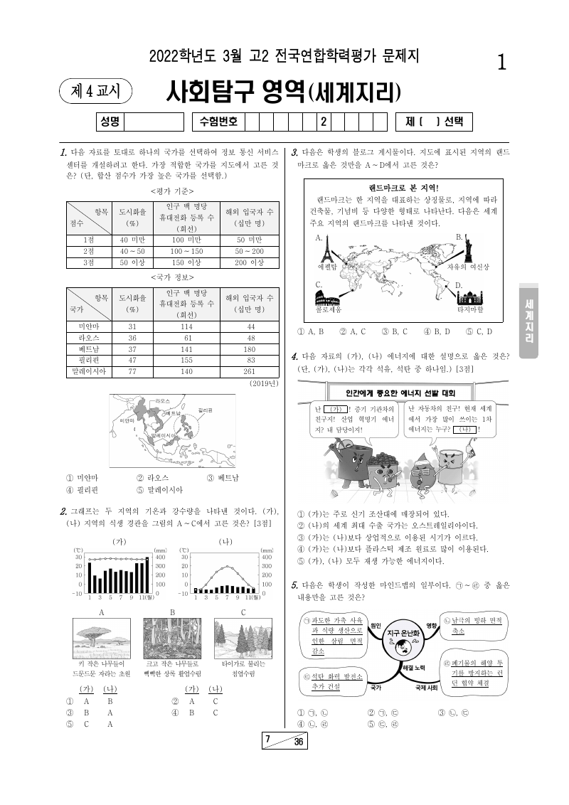 2022년 3월 고2 학력평가 세계지리 시험지 첫 페이지