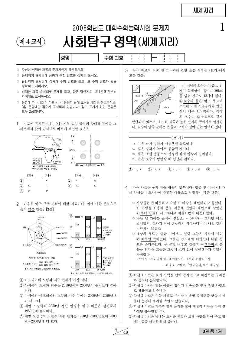 2008학년도 대학수학능력시험 세계지리 시험지 첫 페이지