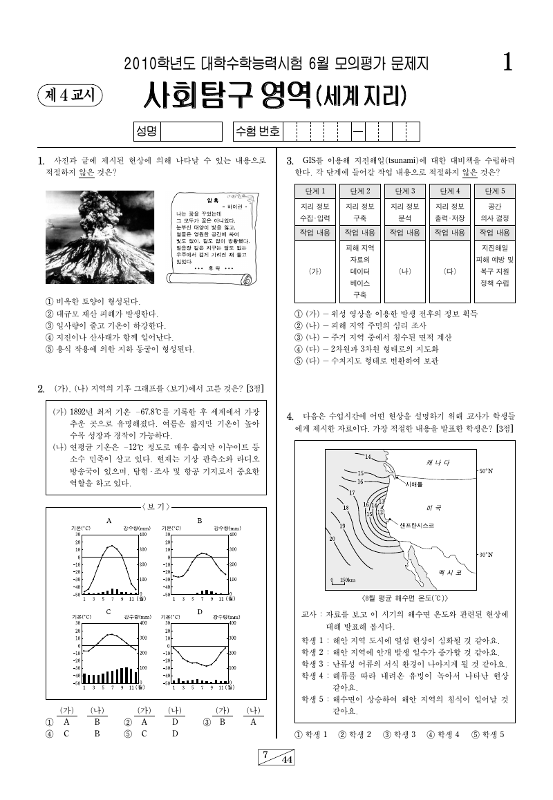 2010학년도 6월 모의평가 세계지리 시험지 첫 페이지