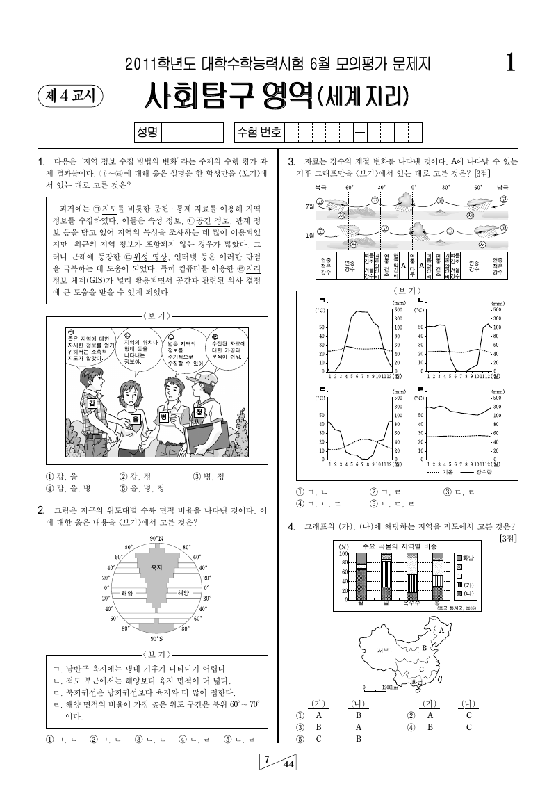 2011학년도 6월 모의평가 세계지리 시험지 첫 페이지