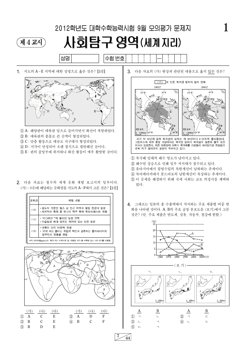 2012학년도 9월 모의평가 세계지리 시험지 첫 페이지