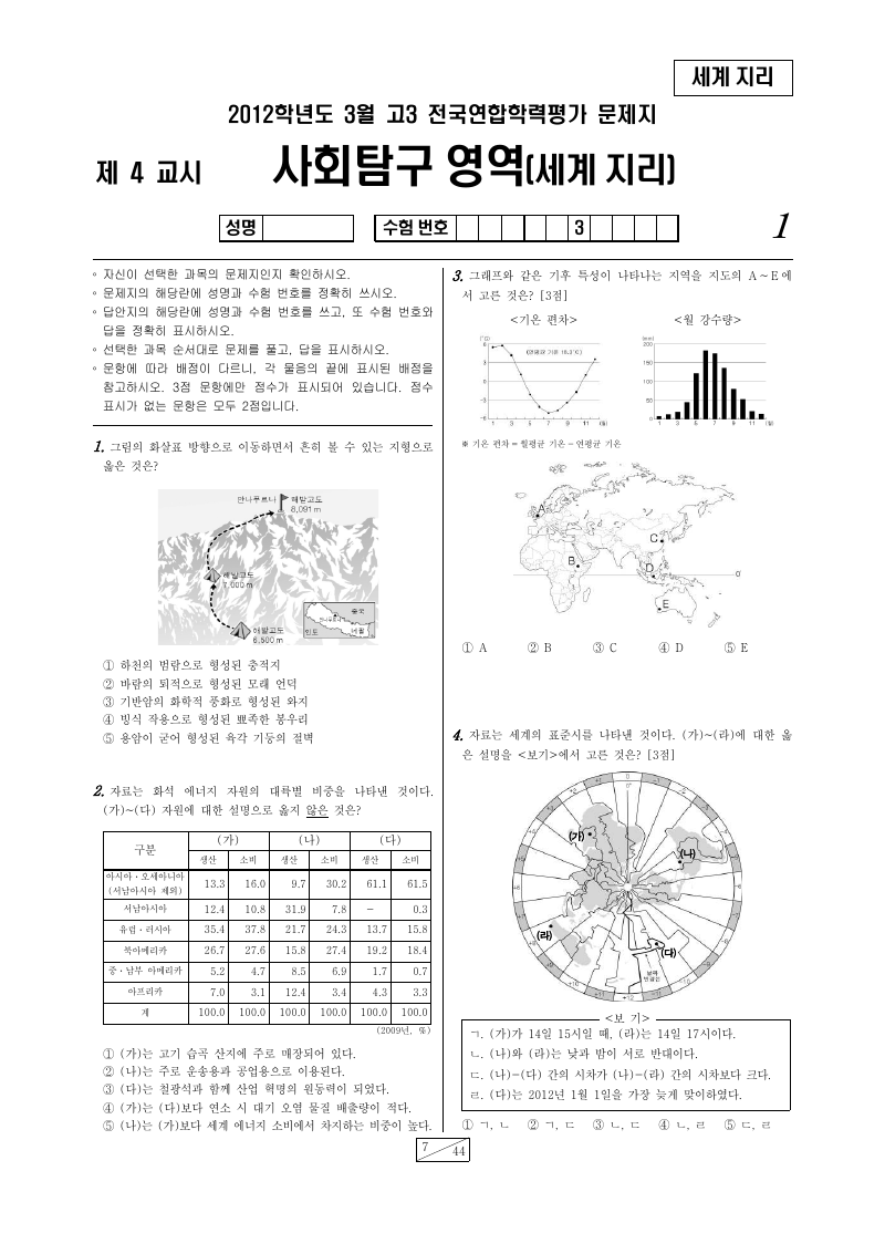 2012년 3월 고3 학력평가 세계지리 시험지 첫 페이지