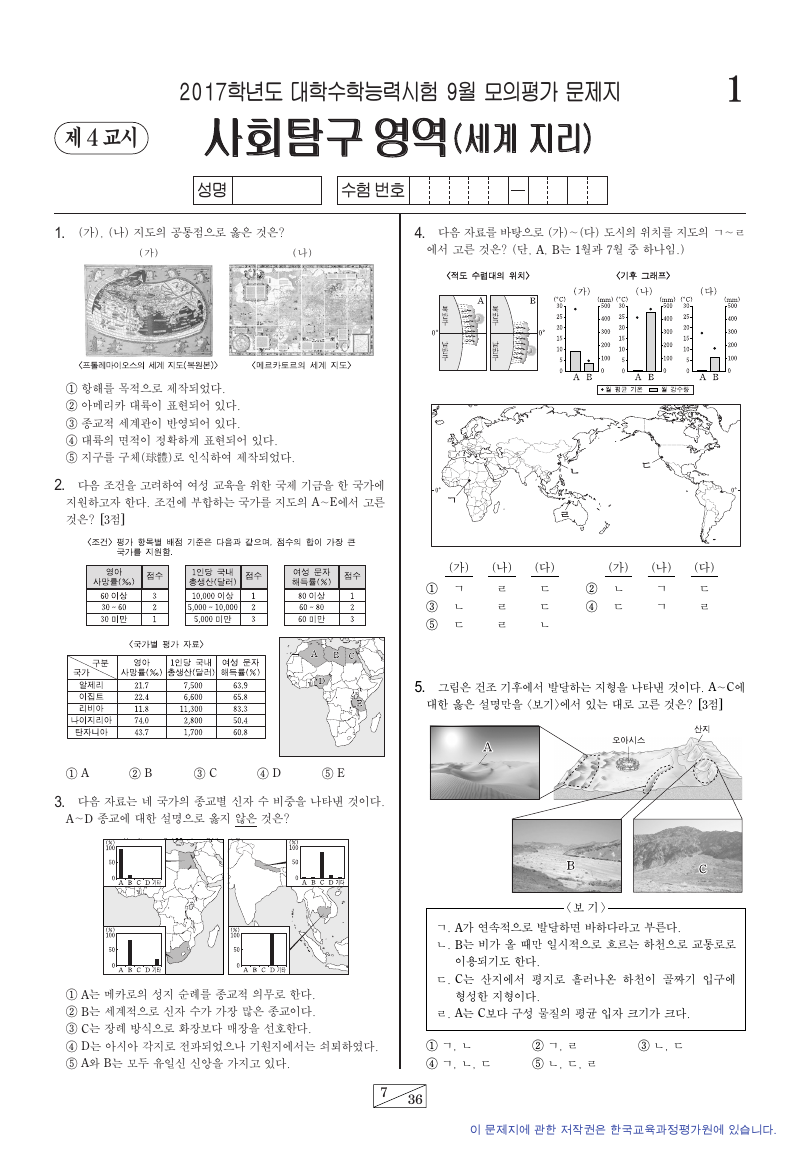2017학년도 9월 모의평가 세계지리 시험지 첫 페이지