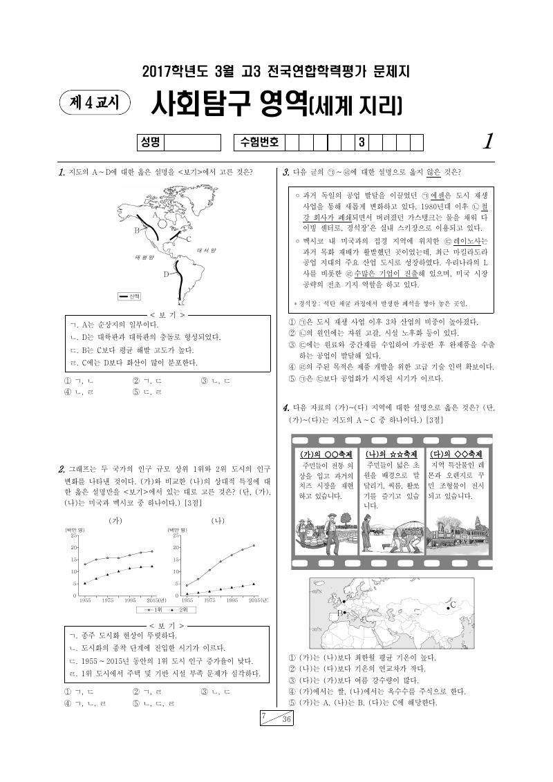 2017년 3월 고3 학력평가 세계지리 시험지 첫 페이지