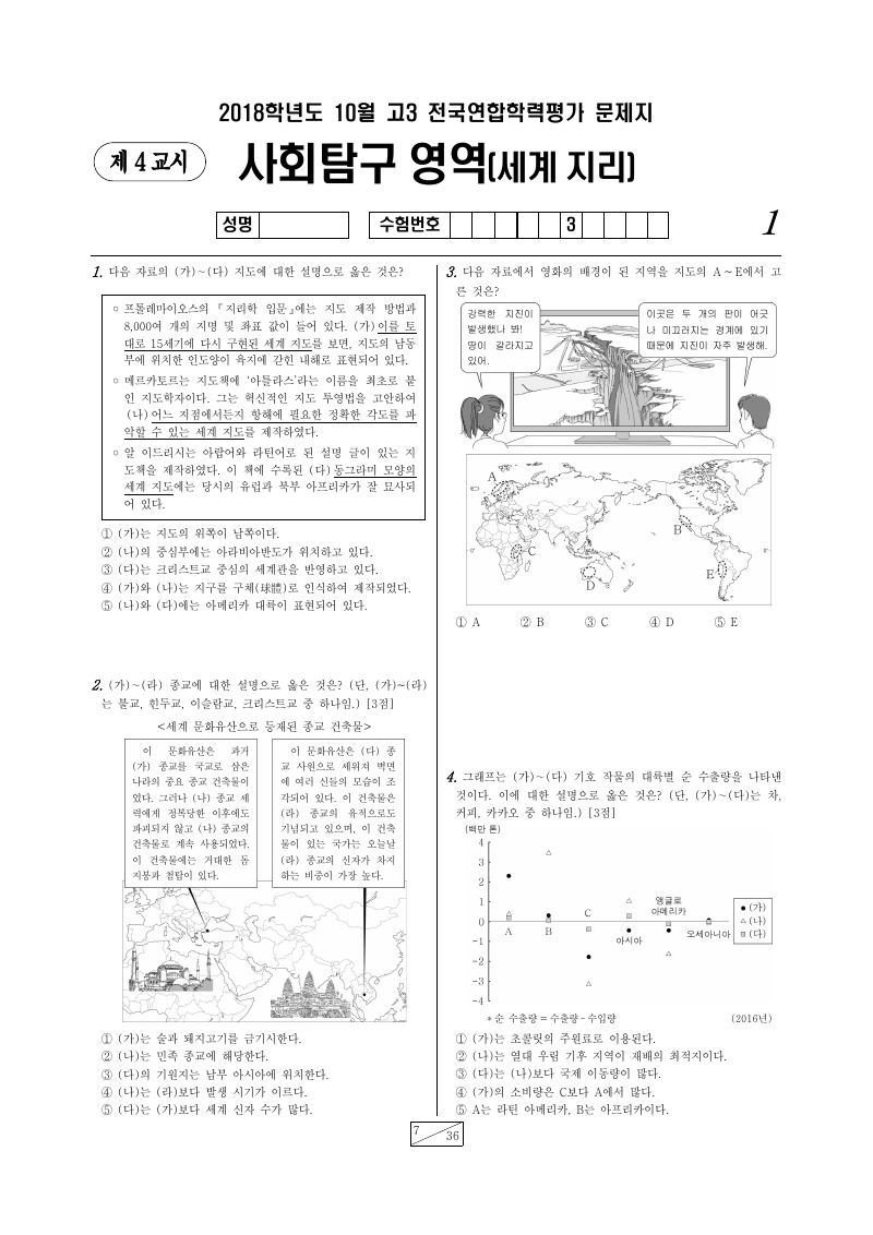 2018년 10월 고3 학력평가 세계지리 시험지 첫 페이지