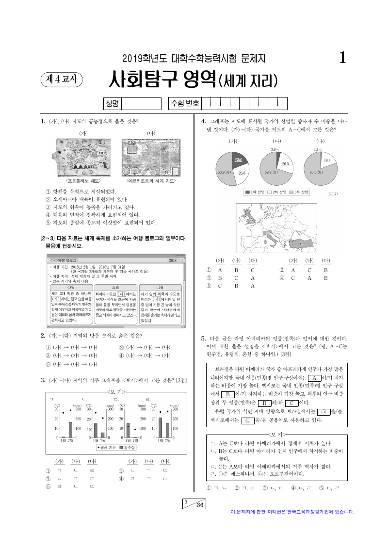 2019학년도 대학수학능력시험 세계지리 시험지 첫 페이지