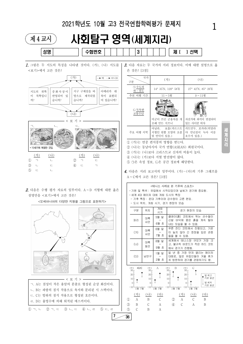 2021년 10월 고3 학력평가 세계지리 시험지 첫 페이지