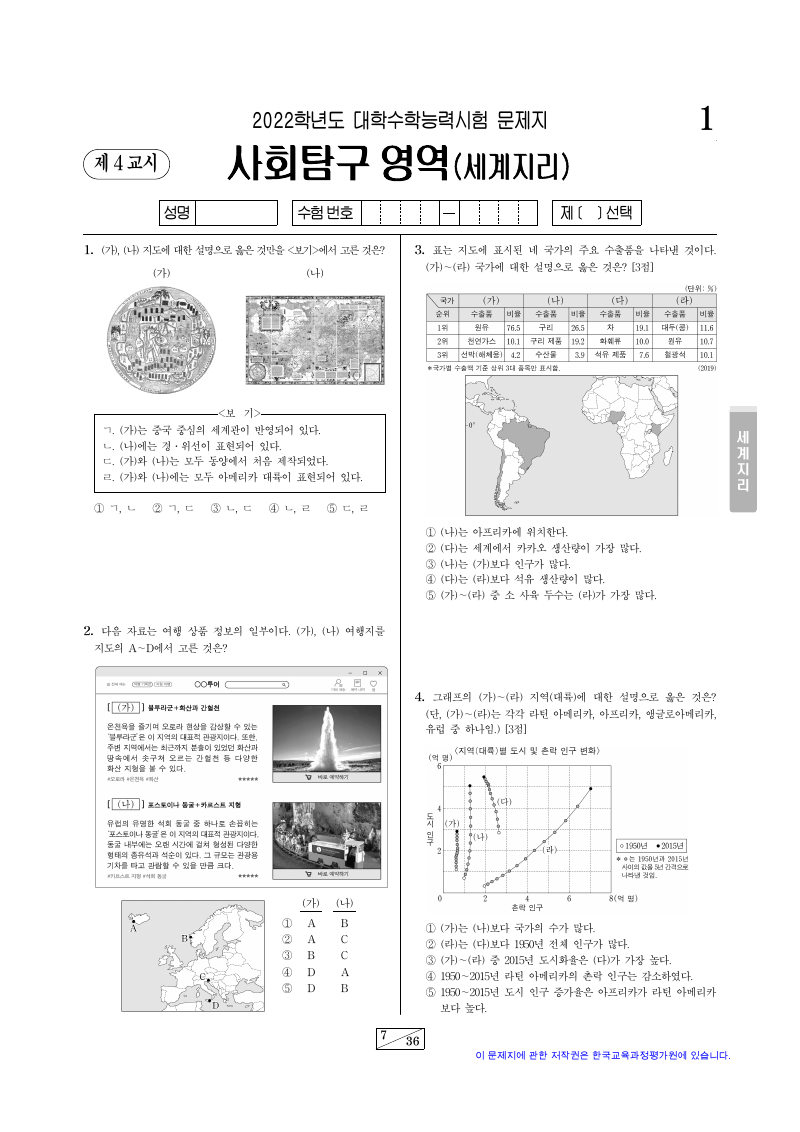 2022학년도 대학수학능력시험 세계지리 시험지 첫 페이지