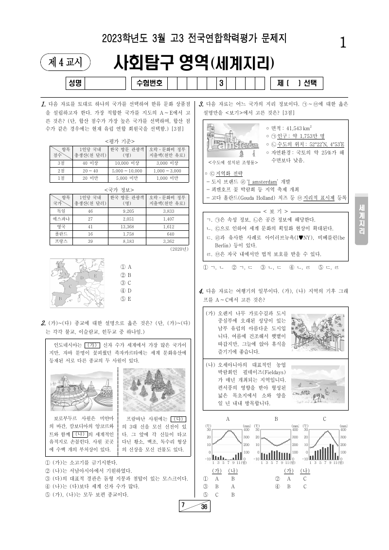2023년 3월 고3 학력평가 세계지리 시험지 첫 페이지