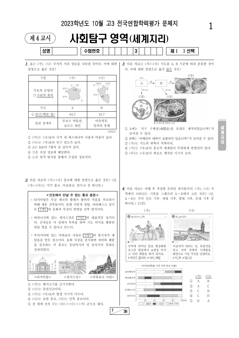 2023년 10월 고3 학력평가 세계지리 시험지 첫 페이지