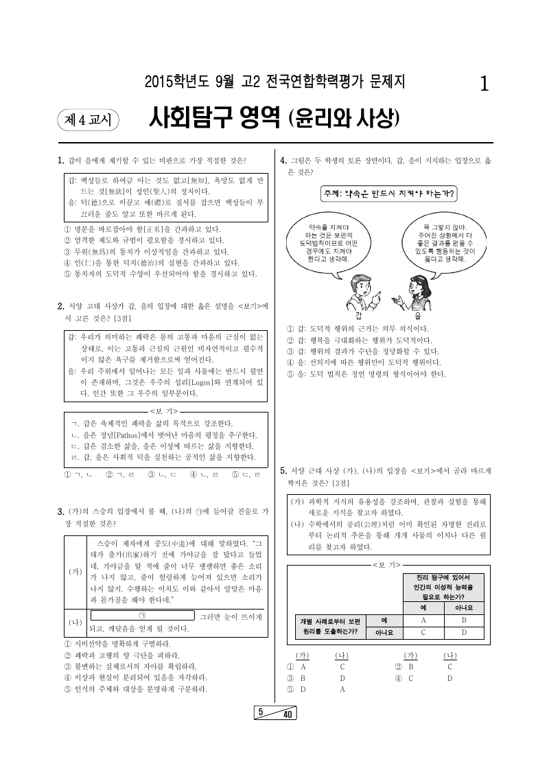 2015년 9월 고2 학력평가 윤리와사상 시험지 첫 페이지
