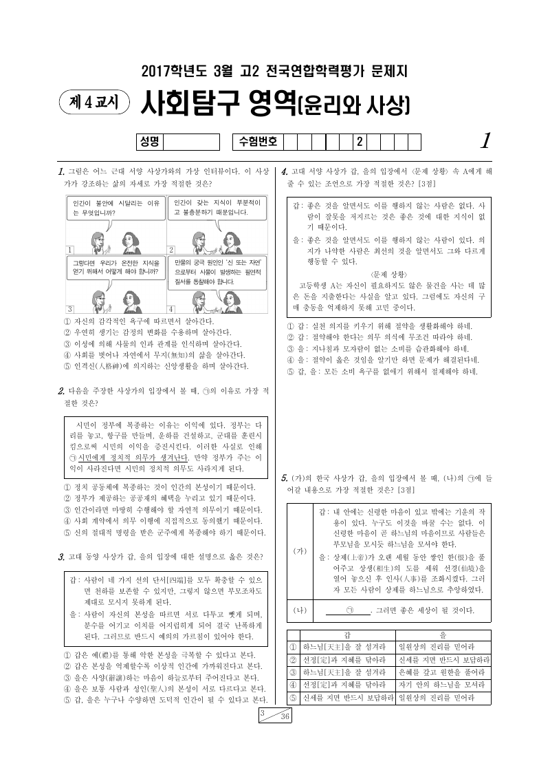 2017년 3월 고2 학력평가 윤리와사상 시험지 첫 페이지