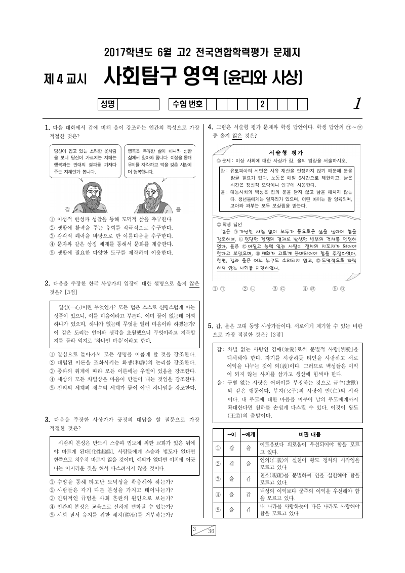 2017년 6월 고2 학력평가 윤리와사상 시험지 첫 페이지